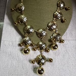 Large goldtone statement runway disc and balls noisy necklace fun!